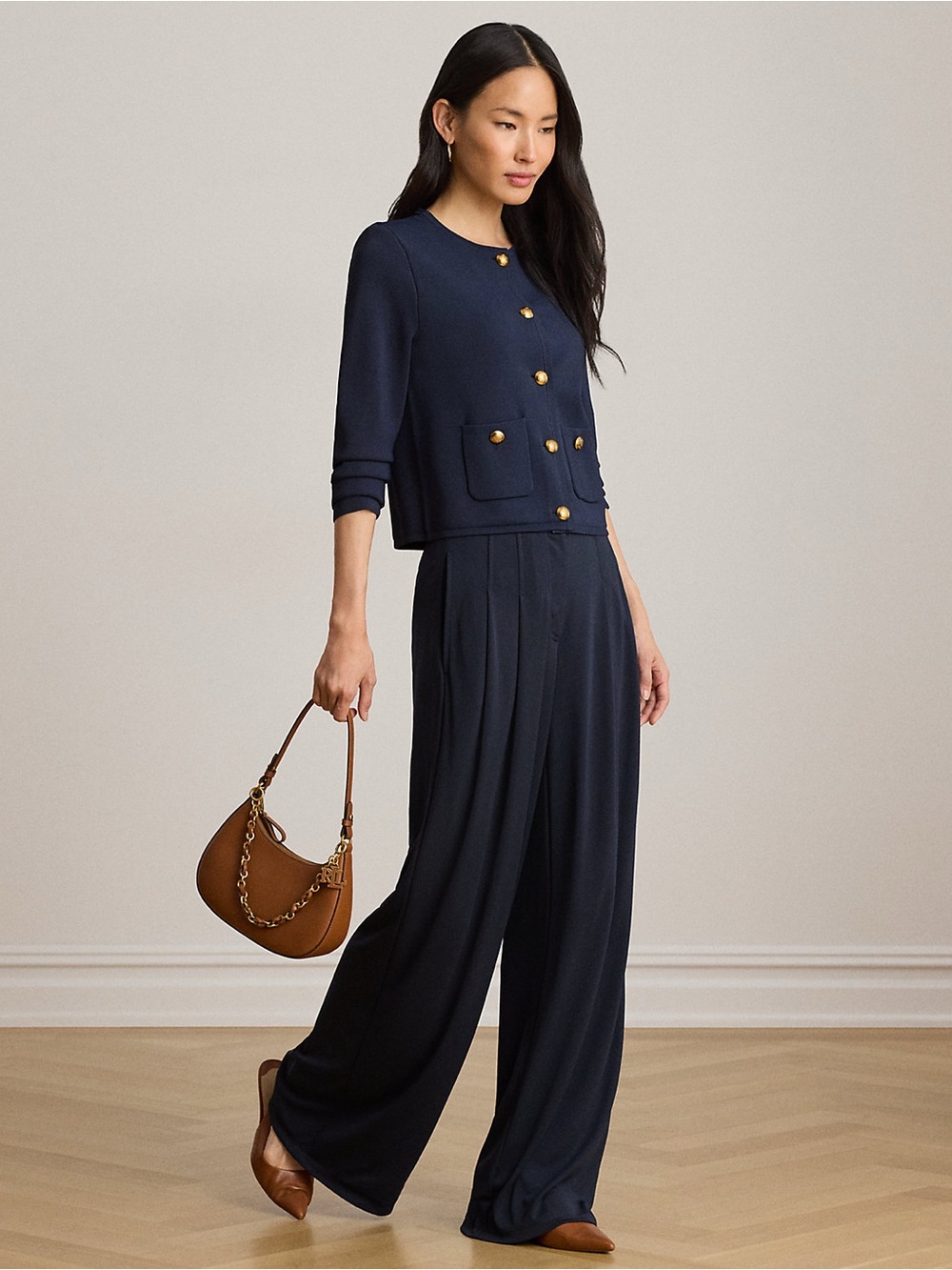 Lauren Ralph Lauren Navy Wide-Leg High-Waist Trousers - Picture 6 of 9